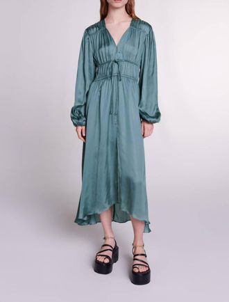 Maje Satin Look Maxi Dress In Emerald Green