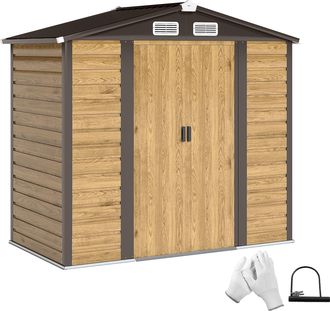 OEM Cobertizo Met&aacute;lico Para Jard&iacute;n 213x120x166/194 Cm Con Base Refuerzo Puertas Correderas Y Ventilaciones Roble