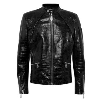 Philipp Plein Leren Moto Jacket Cocco Print - Heren - Leren en Su&egrave;de Jassen - Zwart - 4XL - Leer - Jassen