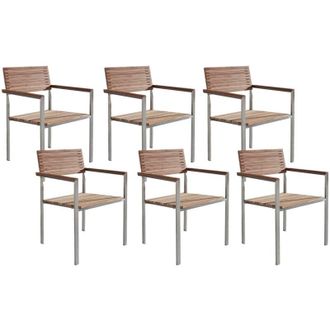 Beliani Set Giardino Tavolo 6 Sedie Legno Teak Chiaro Struttura Metallo Argento Viareggio