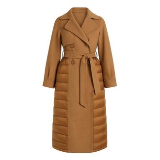 Twinset Jassen, Dames, Bruin, XS, Wol, Lange wollen jas met gewatteerde inzetstukken