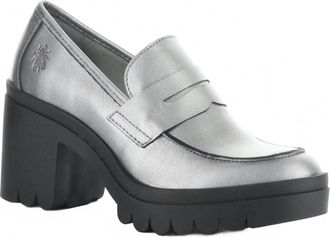 FLY London Womens Toky Plomo Penny Loafer In Silver Metal