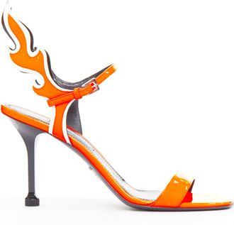 Prada Flame bright orange patent Fire mid heel sandals