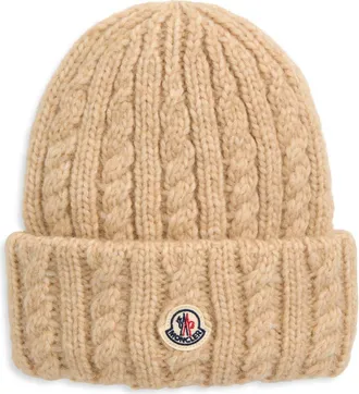 Moncler Cable Stitch Logo Patch Alpaca & Wool Blend Beanie in Beige at Nordstrom