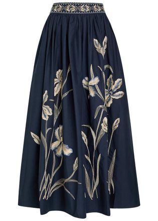 Emporio Sirenuse Ombretta Embroidered Cotton-poplin Maxi Skirt - Navy - 42 (UK10 / S)