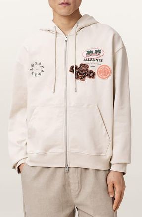 AllSaints Patcher Graphic Cotton Zip Front Hoodie in Dusk White at Nordstrom, Size Xx-Large