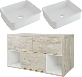 No Brand Milano Bexley Light Oak 1200mm Wall Hung Bathroom Vanity Unit with 2 Countertop Basins - Rectangular Basins (With LED Light)