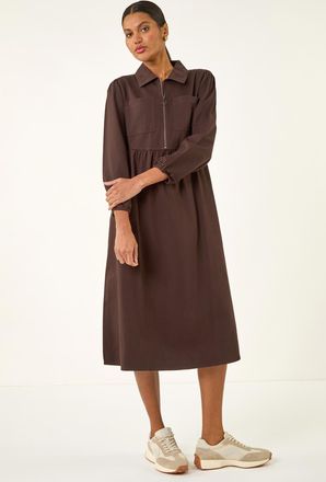 Roman Zip Front Collared Midi Dress