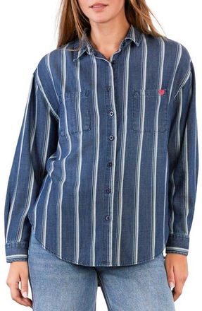 BILLY T Worry-Free Stripe Button Front Shirt in Indigo Cabana Stripe at Nordstrom, Size X-Small