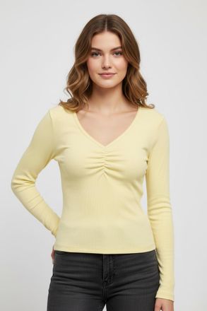 Only Langarmshirt ONLY ONLBETTY LIFE L/S SCALLOP V-NECK CC JRS, Damen, Gr. XL, sunlight, Jersey, Obermaterial: 95% Baumwolle, 5% Elasthan, unifarben, h&uuml;ftl