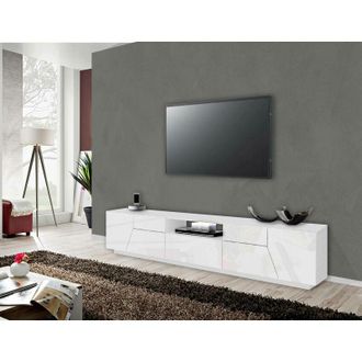 Dmora Dmora Mueble TV para salón, Made in Italy, Mueble TV con 4 puertas geométricas y 1 cajón, 220x43h46 cm, blanco brillante, con embalaje reforzado