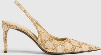Gucci Womens Donna Crystal Slingback Pump, Beige, GG Canvas