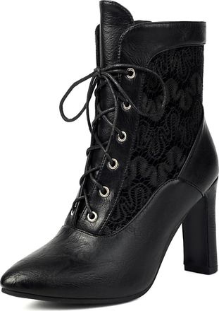 Generic Womens Pointed Toe PU Leather Short Boots Chunky High Heel Retro Dress Booties Lace Up Ankle Boots,Black,7.5 UK