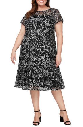 S.L. Fashions Sheer Yoke Soutache Cocktail Dress in Black Ivory at Nordstrom, Size 14W