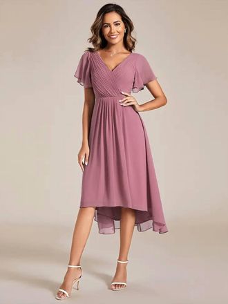 Ever-pretty Pleated Ruffles Chiffon Dress In Orchid