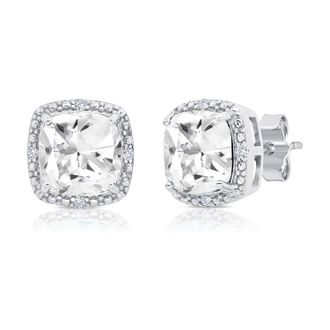 MAX + STONE Sterling Silver 7mm Cushion Cut Gemstone Stud Earrings with Diamond Accent Halo