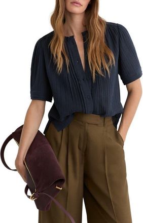 Reiss Aurelia Pintuck Pleat Cotton Gauze Button-Up Shirt in Navy at Nordstrom, Size 8 Us