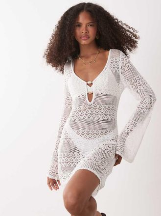 Accessorize Vestito corto a maniche lunghe alluncinetto color panna-Bianco