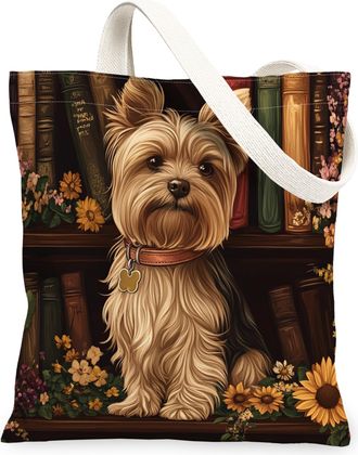 Generic Spring Yorkie Dog Canvas Tote Bag for Shopping 13x15, Flower Bookshelf Puppy Reusable Grocery Print Bag for Women, Fun Pet Beach Aesthetic Painting Gi