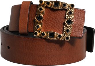 Dolce & Gabbana Brown Leather Gold Crystal Buckle Mens Belt (Pre-Owned)