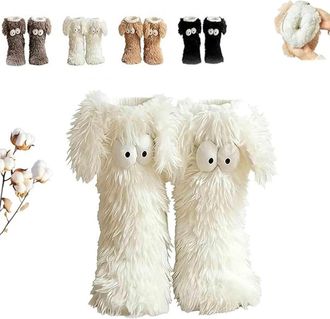 Generic Muffle Friends Cozy Socks, Womens Winter Warm Fuzzy Non-Slip Slipper Socks with Cute Big Eyes - Soft Thick Fleece Floor Socks for Cold Weather (White)
