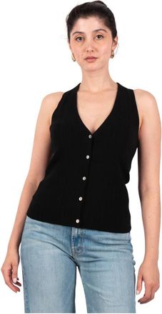 Vince Zwarte Katoenmix V-hals Tanktop - Dames - Vesten - Zwart - M - Katoen - Truien & Vesten