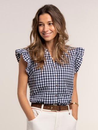 Brakeburn Bia Gingham Flutter Sleeve Blouse in Navy at Nordstrom, Size 12