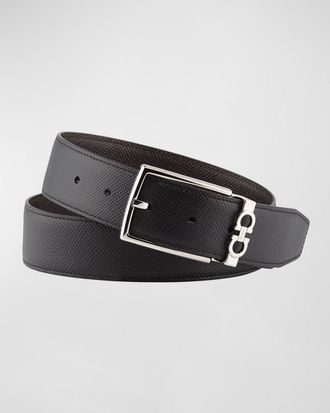 Ferragamo Mens Reversible Textured Leather Belt with Classic Buckle