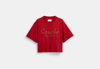 Coach Womens New Year Coach Snake Script Cropped T-Shirt in Red, Size X-Small | Organic Cotton