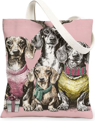 Generic Vintage Dog Art Canvas Tote Bags, Cute Animal Illustration Reusable Shopping Bags, Lightweight Washable Shoulder Strap Canv, Peach, 13x15 Inch
