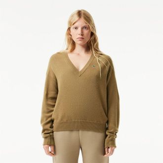 Lacoste Womens Fit Carded Wool Moss Stitch Sweater in Brown - Size 10 UK