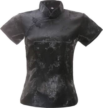 ACVIP Womens Plum Blossom Brocade Qipao Top Stand Collar Short Sleeve Chinese Shirt Blouse (UK 14/Chinese 2XL, Black)