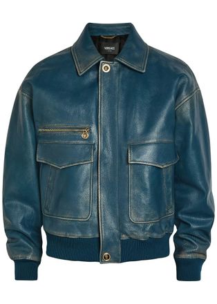 Versace Logo-embossed Distressed Leather Jacket - Blue - 50 (IT50 / L)