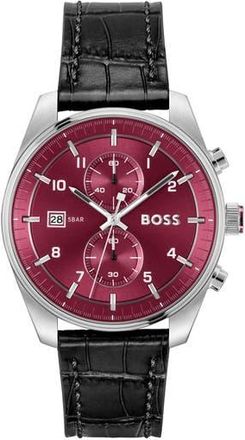 BOSS Skytraveller Chronograph Croc Embossed Leather Strap Watch, 44mm in Red Dial at Nordstrom Rack, Size 41 Mm