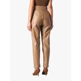 Twinset Camel Leren Effect Broek - 42 - Dames - Wijde Broeken - Bruin - XL - Broeken