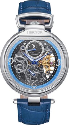 Heritor Lincoln Leather-Band Skeleton Watch with Moon Phase