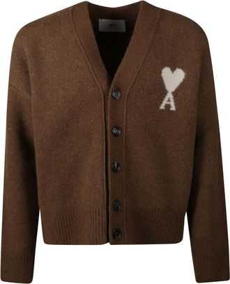 Ami Brown V-Neck Logo Cardigan