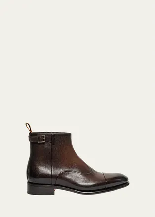 Santoni Mens Ira Grained Leather Cap-Toe Side-Zip Ankle Boots