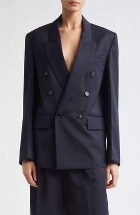Victoria Beckham Tailored Double Breasted Check Wool Blend Jacket in Navy at Nordstrom, Size 2 Us