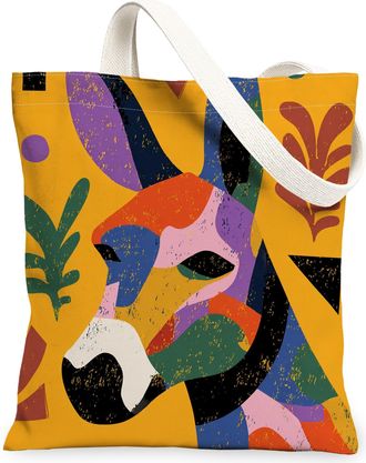 Generic Artistic Animal Canvas Tote Bags, Colorful Abstract Design Reusable Grocery Bags, Vintage Lightweight Washable Shoulder Str, Yellow, 13x15 Inch