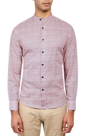 Brooklyn Brigade Slim Fit Geo Linen Cotton Banded Collar Long Sleeve Shirt in Navy/pink at Nordstrom, Size Xx-Large