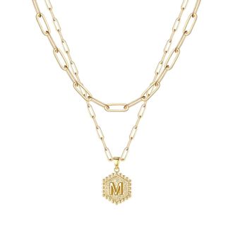 Generic Elegant Stainless Steel Hexagon Letter Necklace for Women - Dainty Gold Initial Pendant Jewelry Perfect for Daily Wear and 2PCS (M, 50cm)