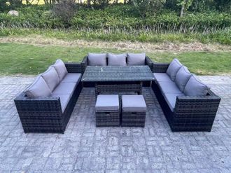 Fimous Outdoor Wicker Garden Furniture Rattan Lounge Sofa Set Patio Rectangular Dining Table 2 Stool in Dark Grey