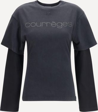 Courr&egrave;ges T-shirt con logo stampato e doppie maniche Woman S