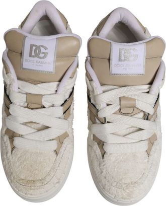 Dolce & Gabbana Mens White Beige Faux Shearling Low Top Sneakers Shoes Leather