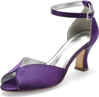 Generic Wedding Heels Low Heel Wedding Bridal Shoes Peep Toe Bridal Shoes Ankle Buckle Strap Satin Evening Party High Heels Sandals 6.5Cm,Dark Purple,10 UK