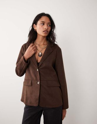 Vila blazer coordinato effetto camoscio in marrone cioccolato