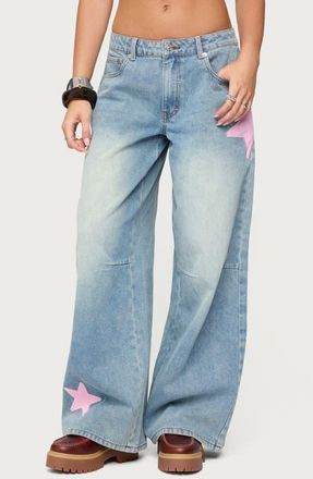 Edikted Trish Star Low Rise Wide Leg Jeans in Light-Blue at Nordstrom, Size X-Large