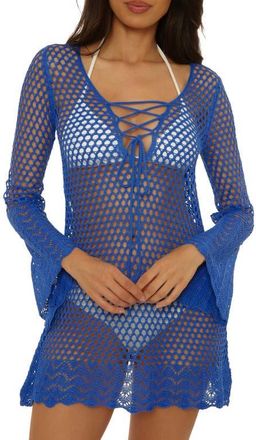 BECCA by Rebecca Virtue Treasure Island Long Sleeve Reversible Open Knit Cover-Up Tunic in Lapis at Nordstrom, Size Medium