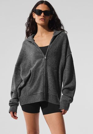 Alo | Wool Cashmere New Class Full Zip Hoodie in Platinum Grey, Size: Medium